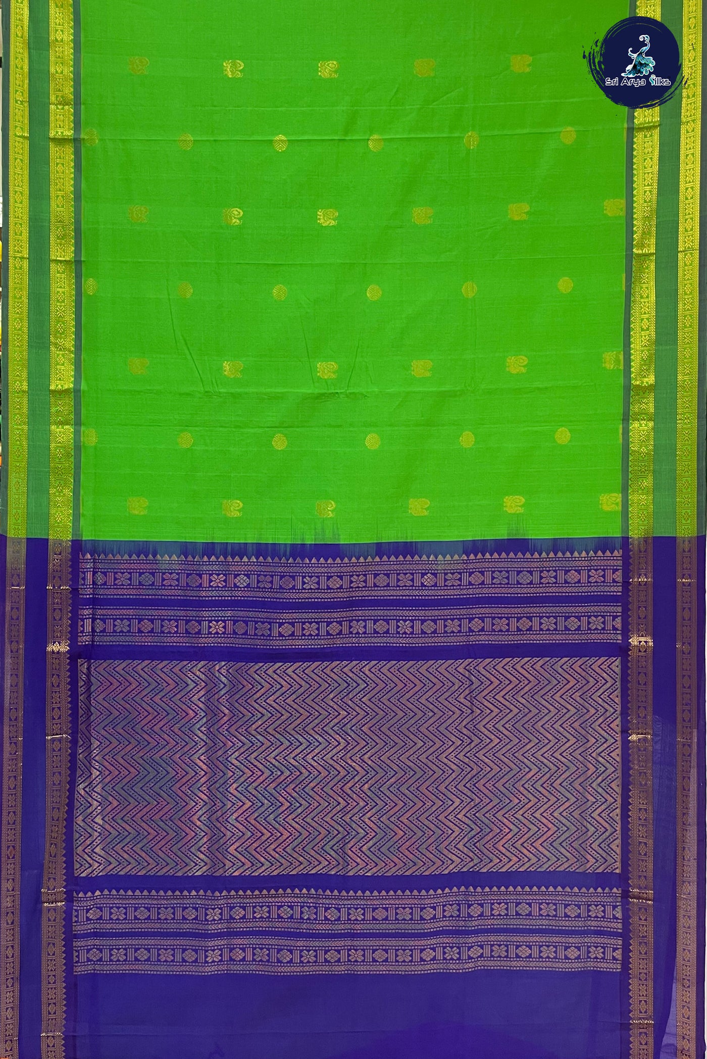 Parrot Green Semi Silk Cotton Saree With Zari Buttas Pattern