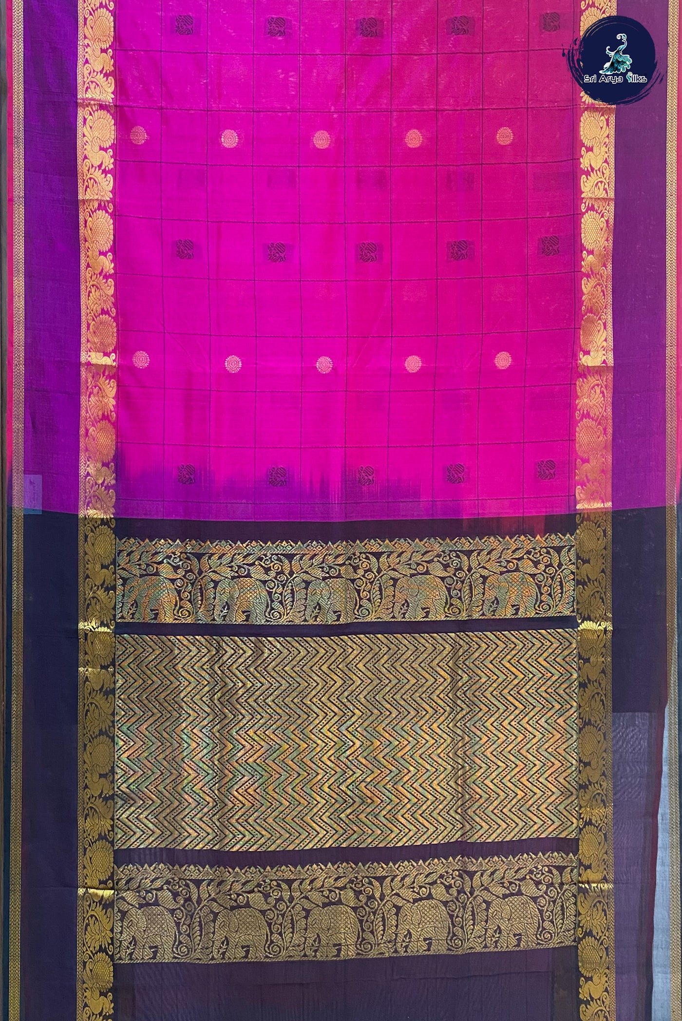 Rani Pink Silk Cotton Saree With Checked Pattern