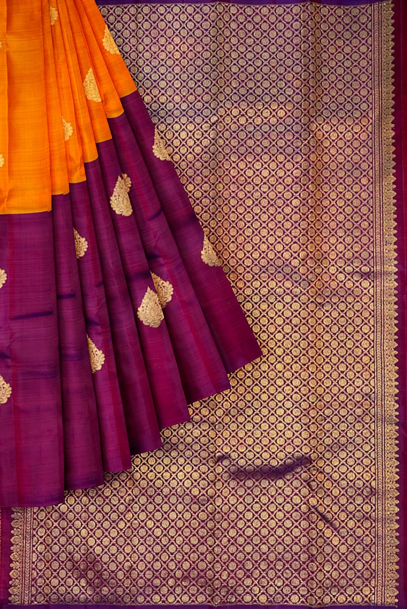 Mango Yellow and Purple Half and Half Pure Kanchipuram Silk Saree