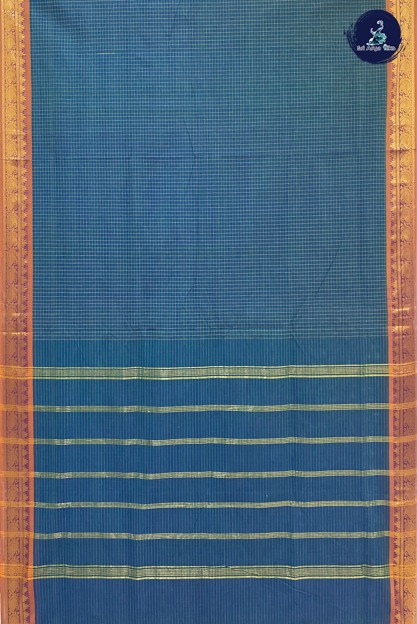 Peacock Blue Madisar Cotton Saree With Checked Pattern