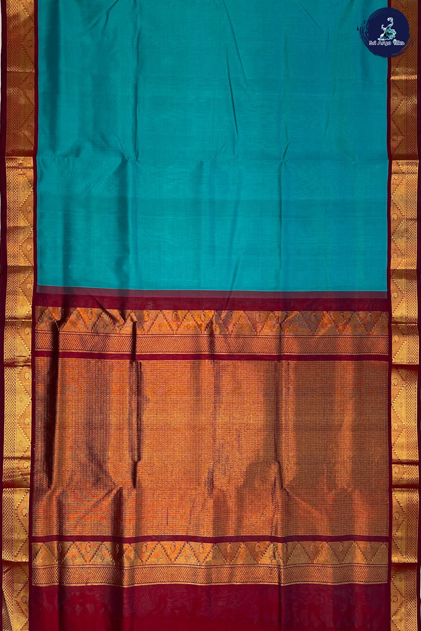 Turquoise Korvai Silk Cotton Saree With Plain Pattern