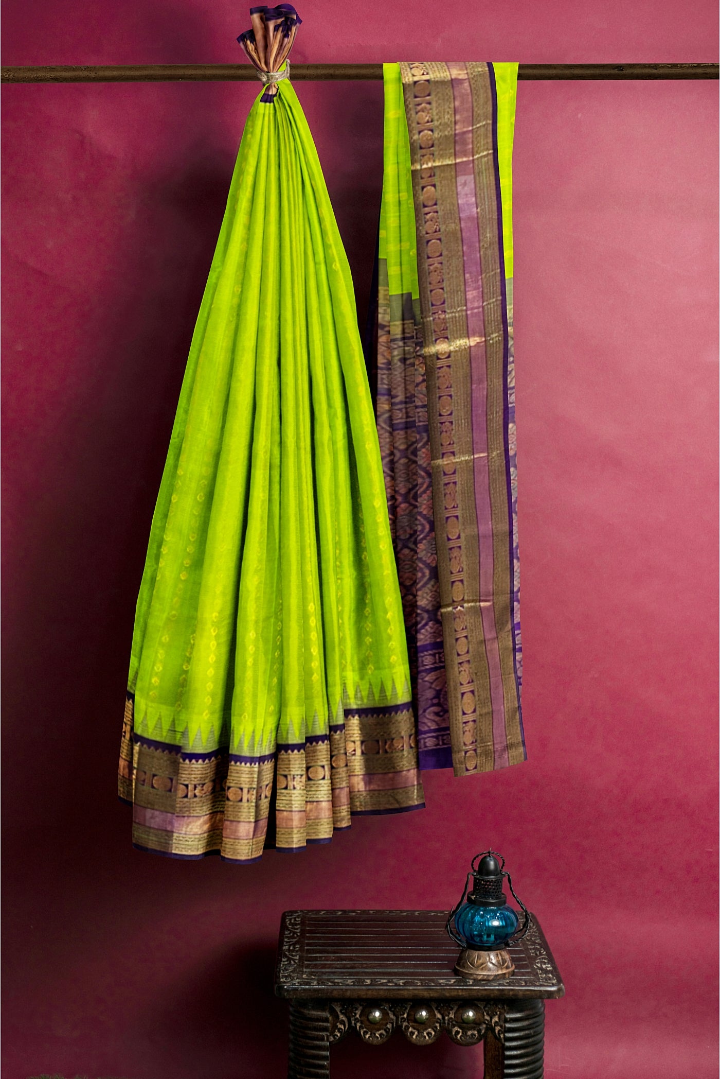 Light Green Silk Cotton Saree With Zari Buttas Pattern