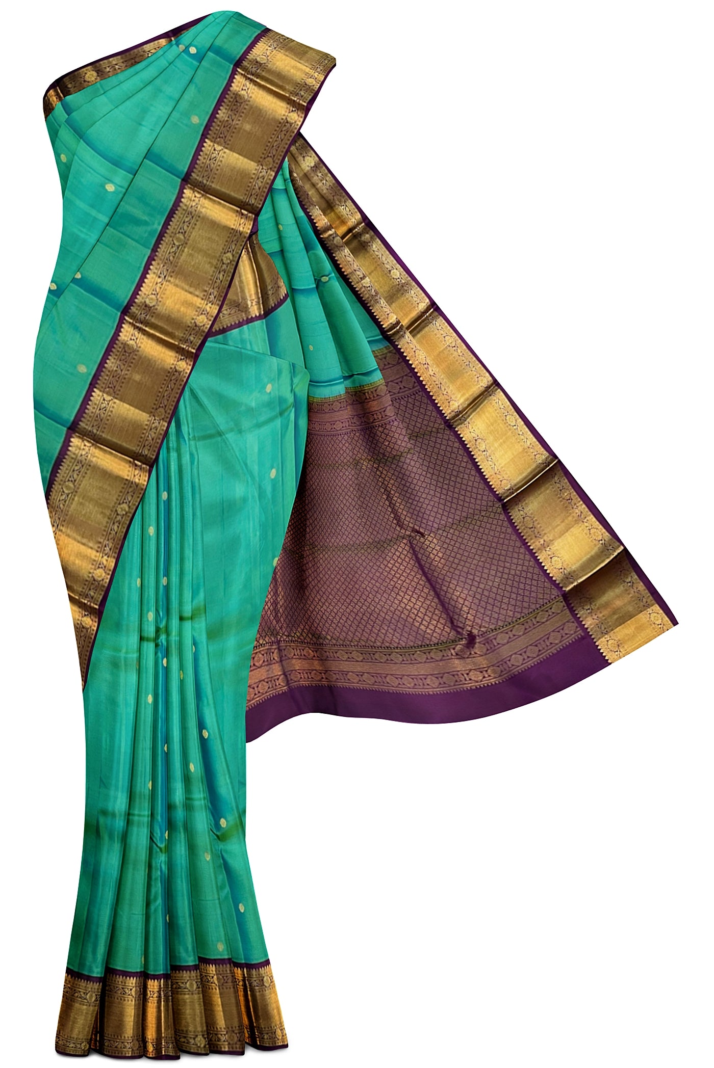 Turquoise Korvai Contrast Silk Saree With Buttas Pattern
