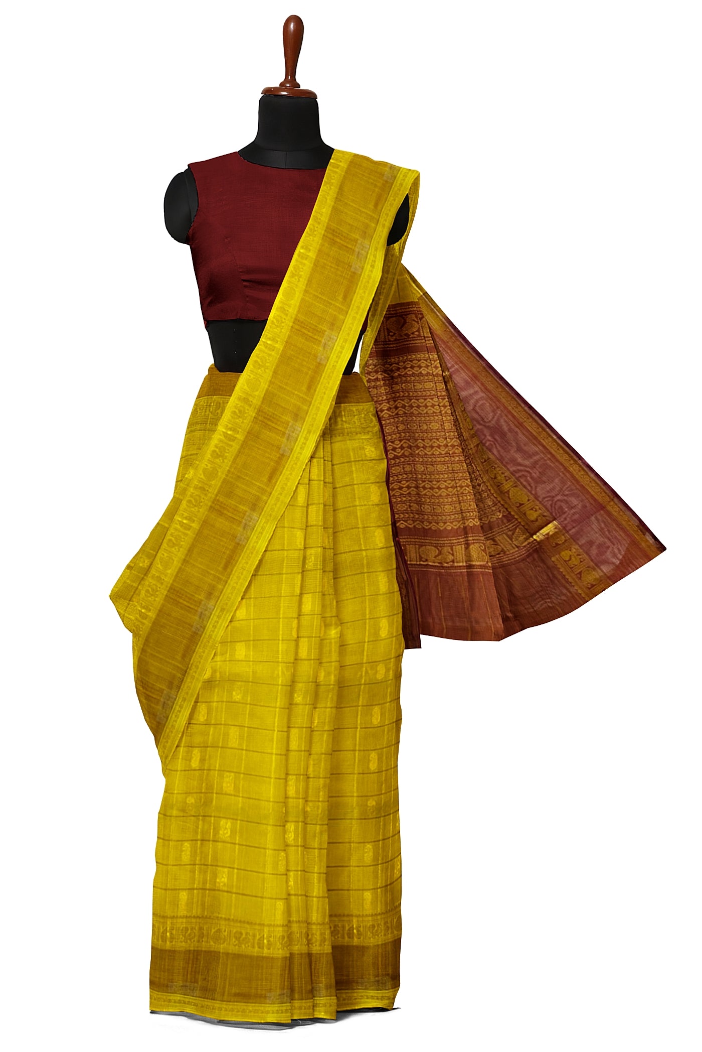 Mustard Yellow Checked Saree With Zari Buttas Pattern