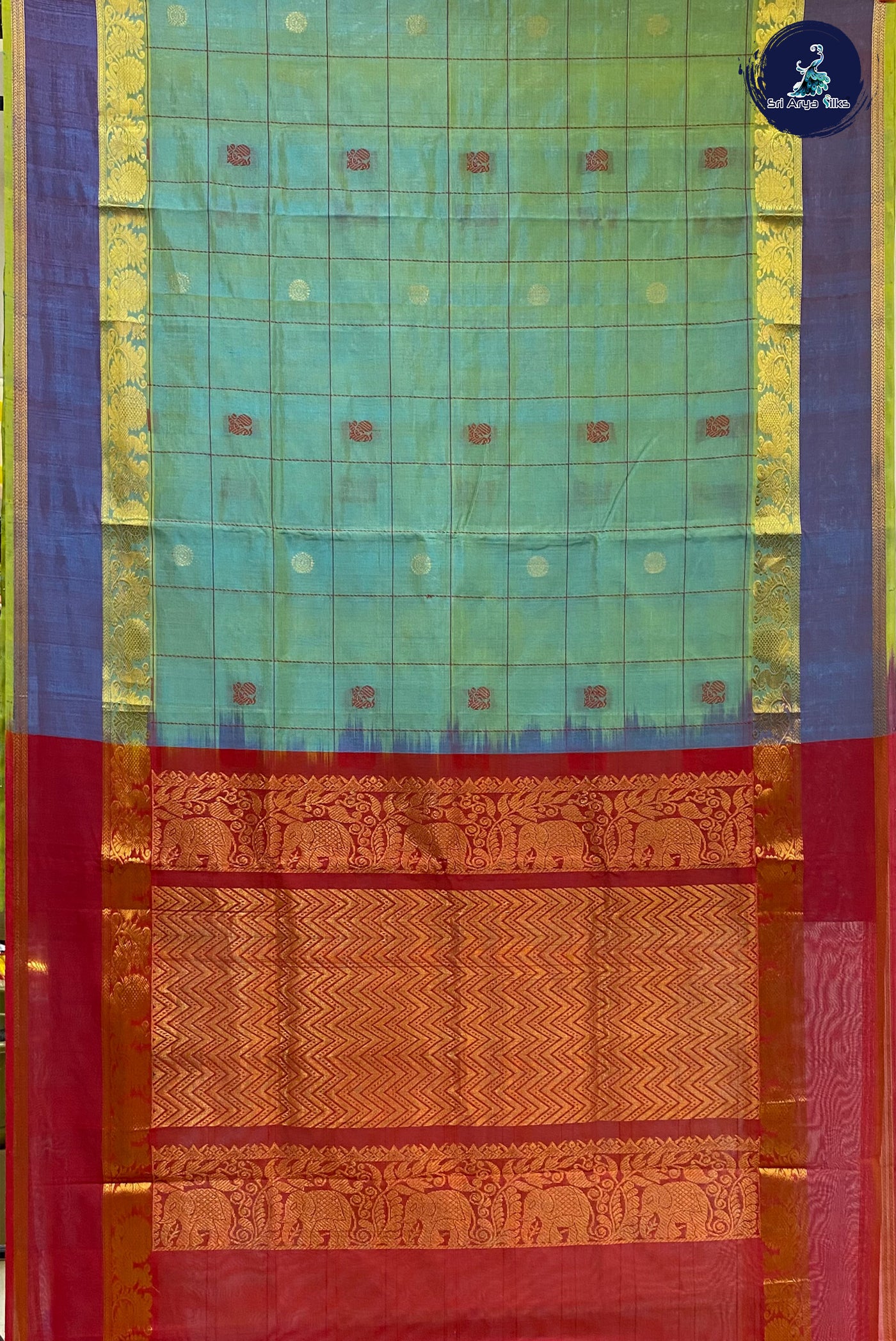 Greyish Green Silk Cotton Saree With Checked Pattern