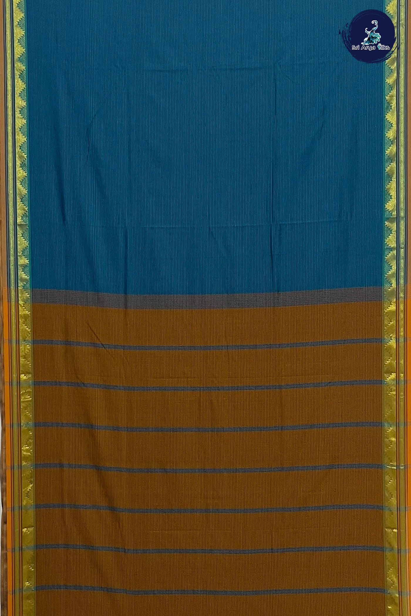 Peacock Blue Madisar Semi Silk Cotton Saree With Stripes Pattern
