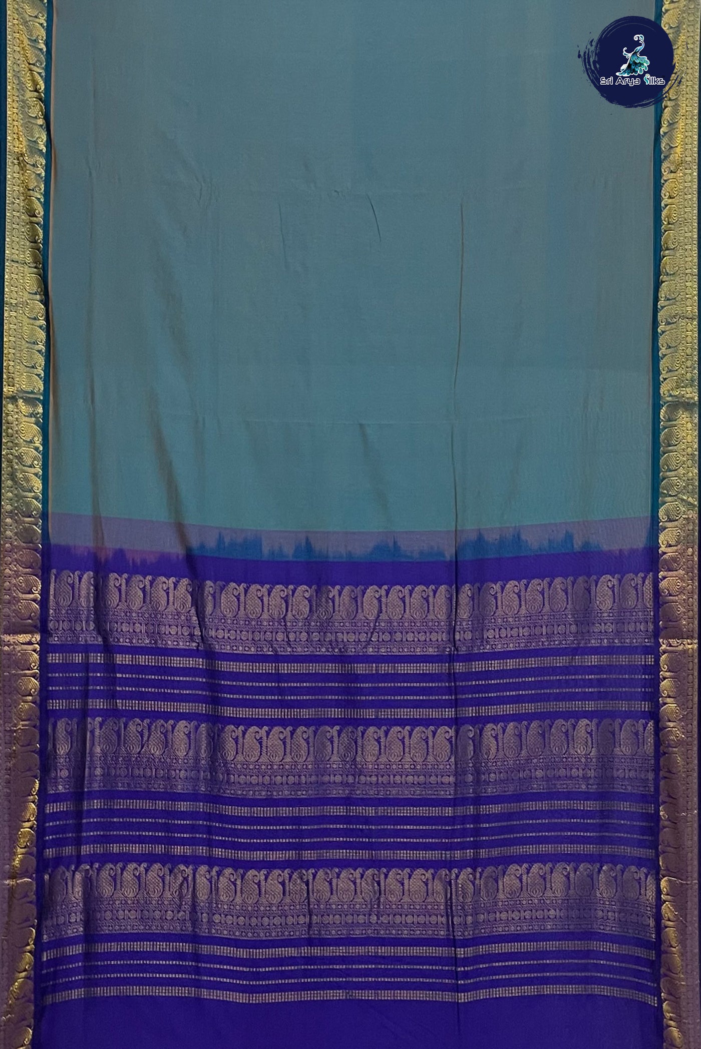 Dual Tone Blue Madisar Semi Silk Cotton Saree With Plain Pattern