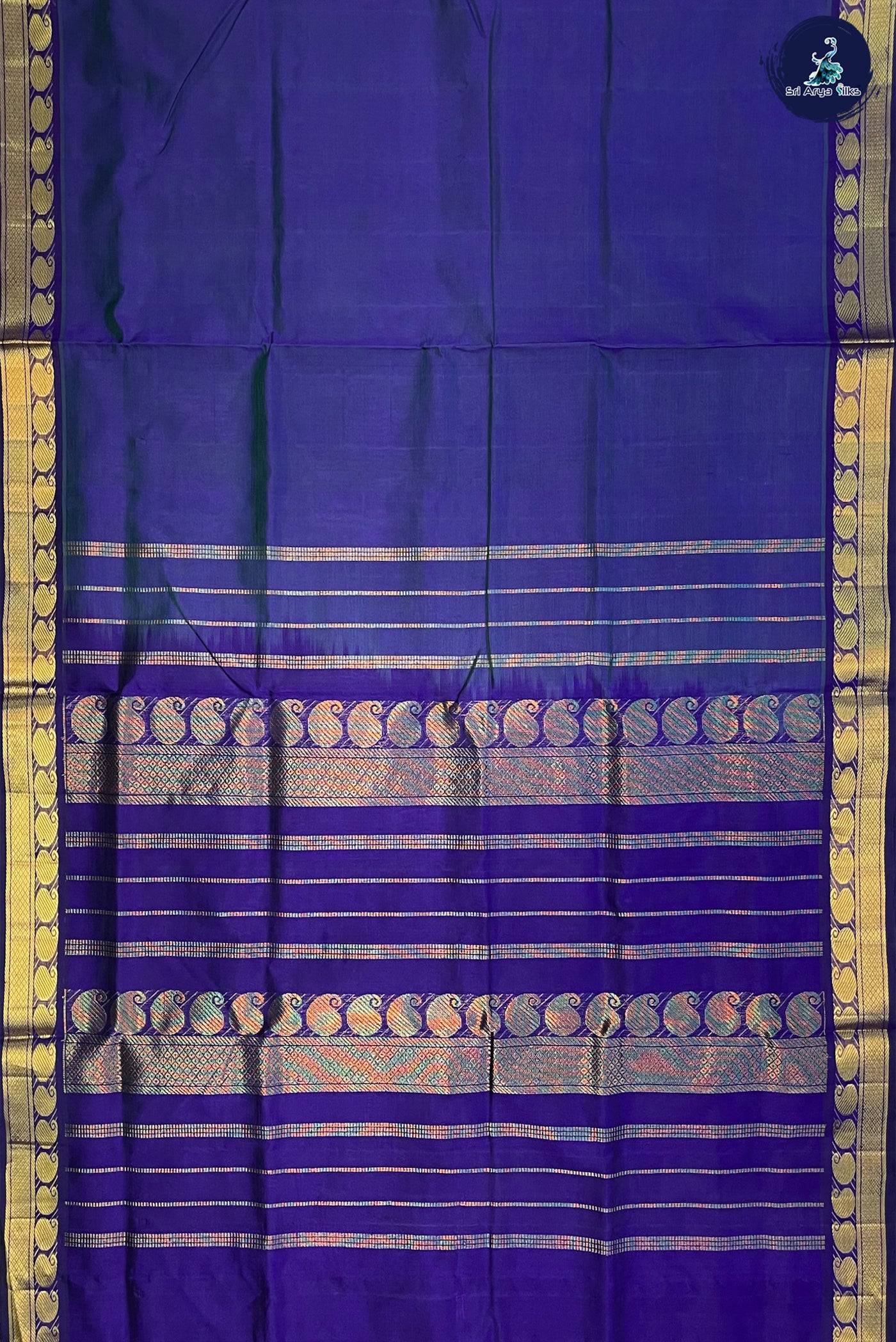 Peacock Blue Madisar Silk Cotton Saree With Plain Pattern