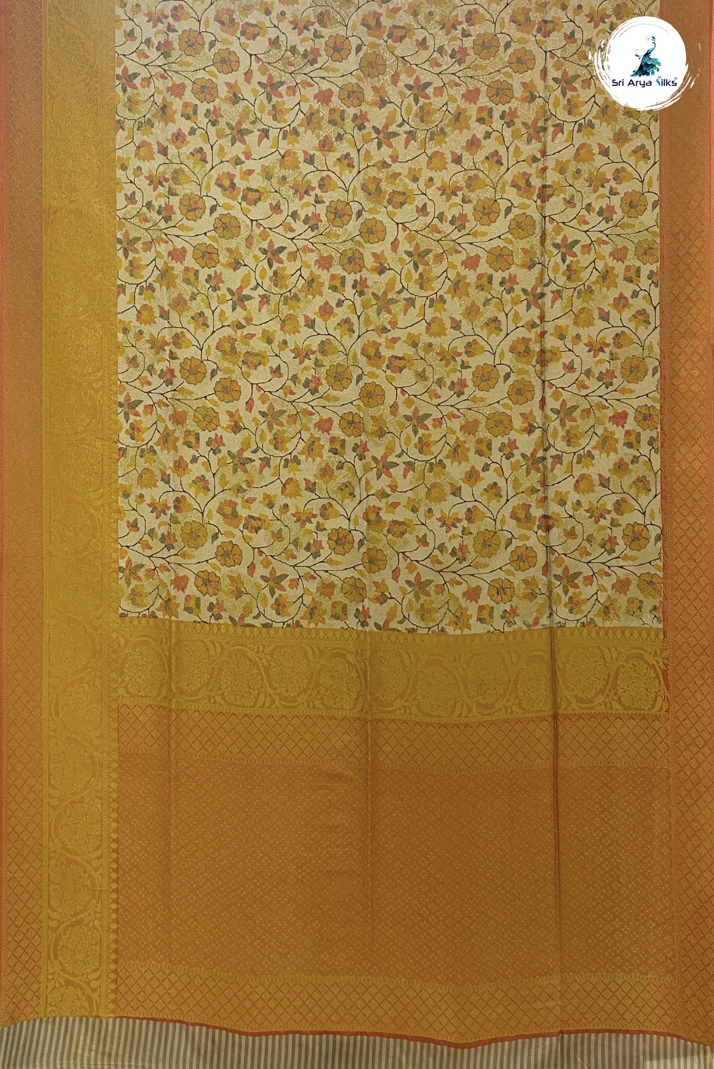 Gold Semi Banarasi Saree With Floral Print Pattern