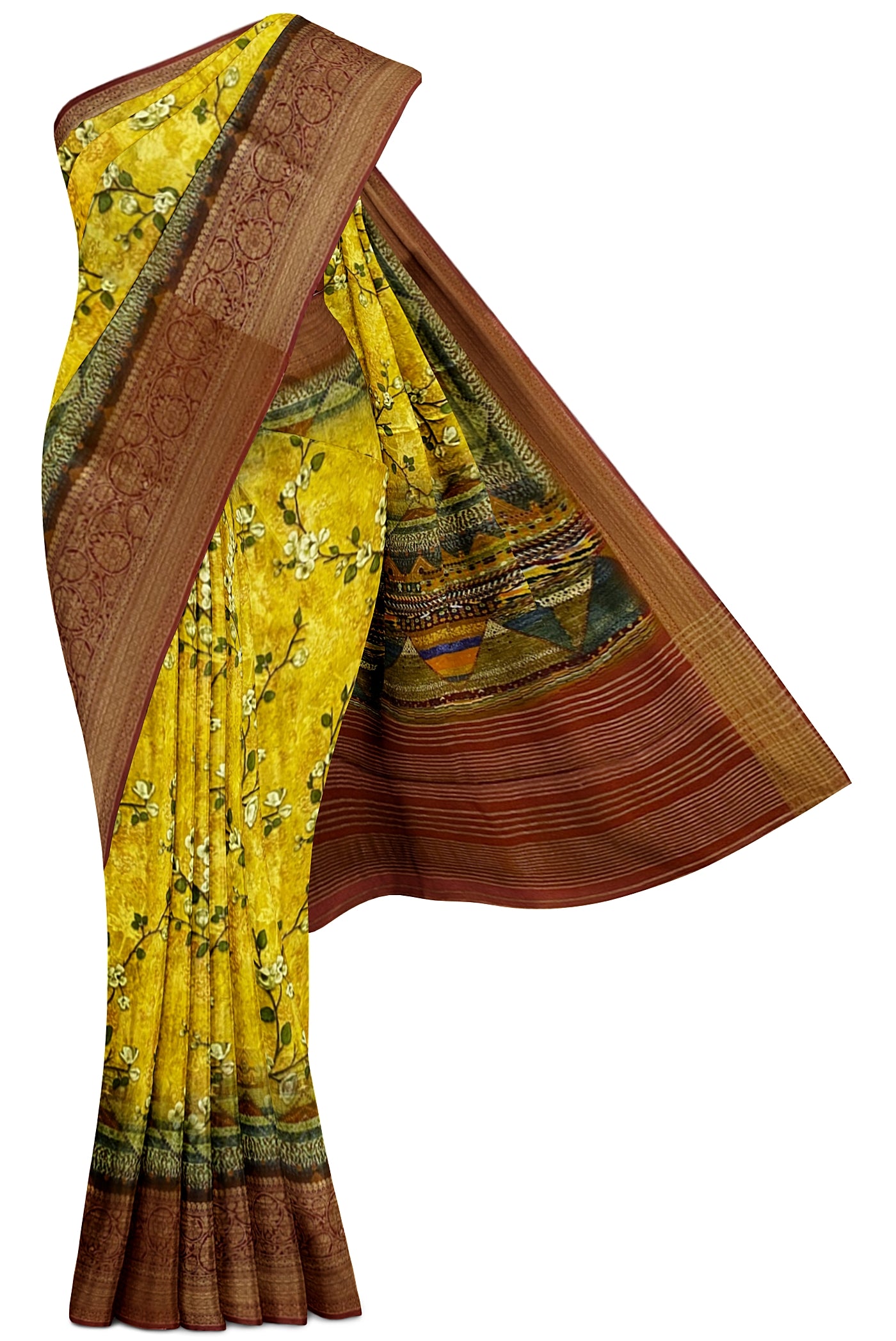 Yellow and Maroon Semi Dola saree