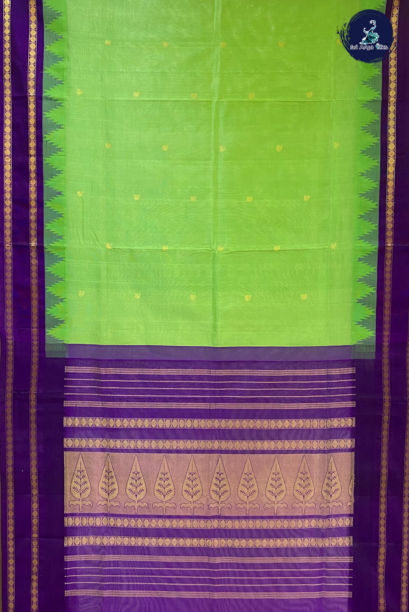 Parrot Green Korvai Silk Cotton Saree With Checked Pattern