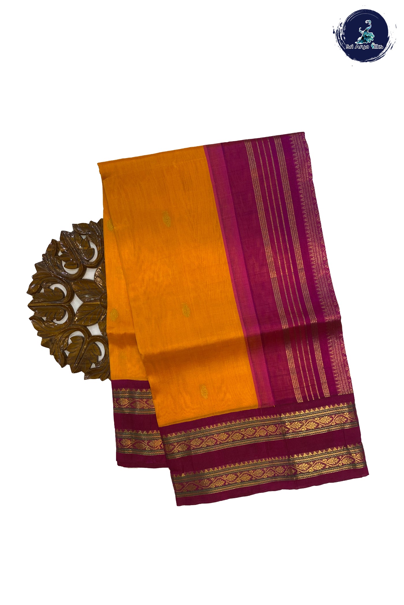 Orange Korvai Silk Cotton Saree With Zari Buttas Pattern