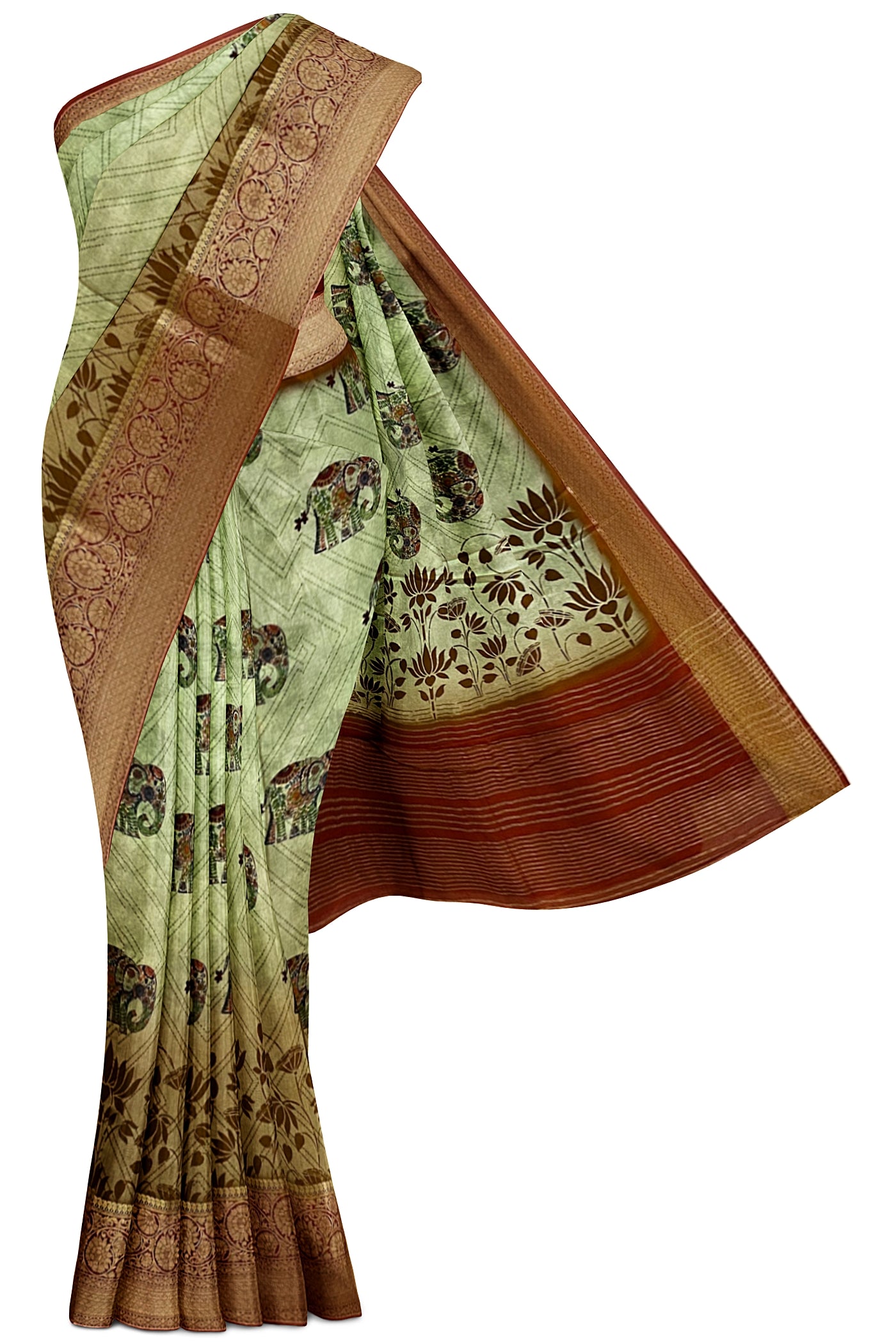 Light Green and Maroon Semi Dola saree