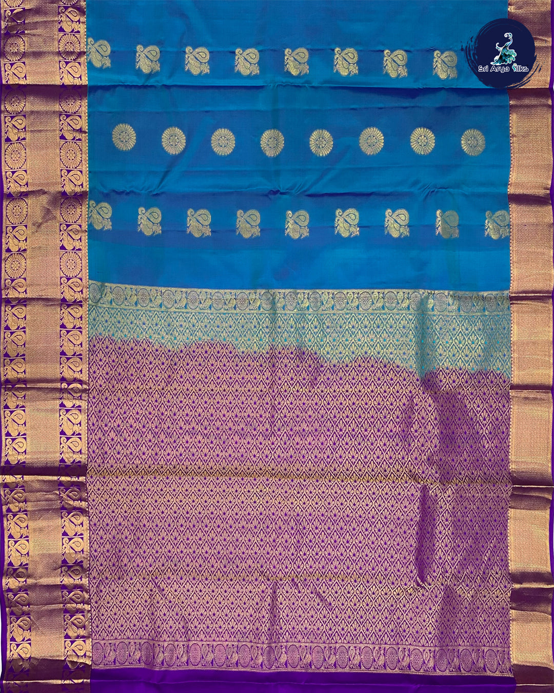 Blue Traditional Silk Saree With Purple Blouse & Buttas Pattern