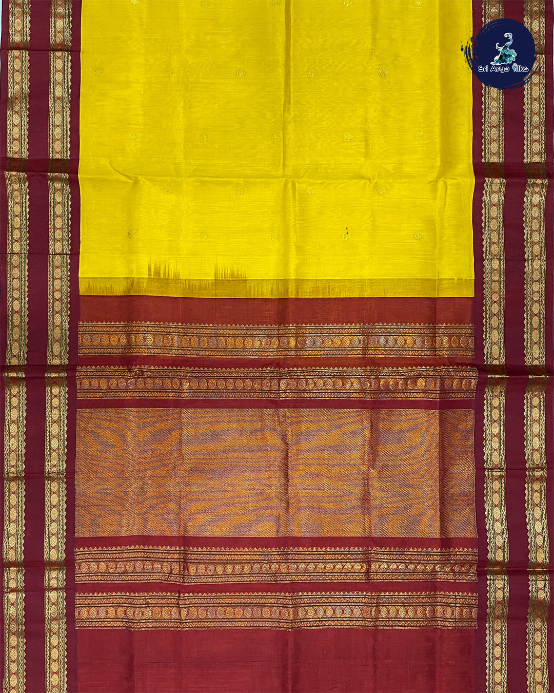 Yellow Korvai Silk Cotton Saree With Maroon Blouse & Buttas Pattern