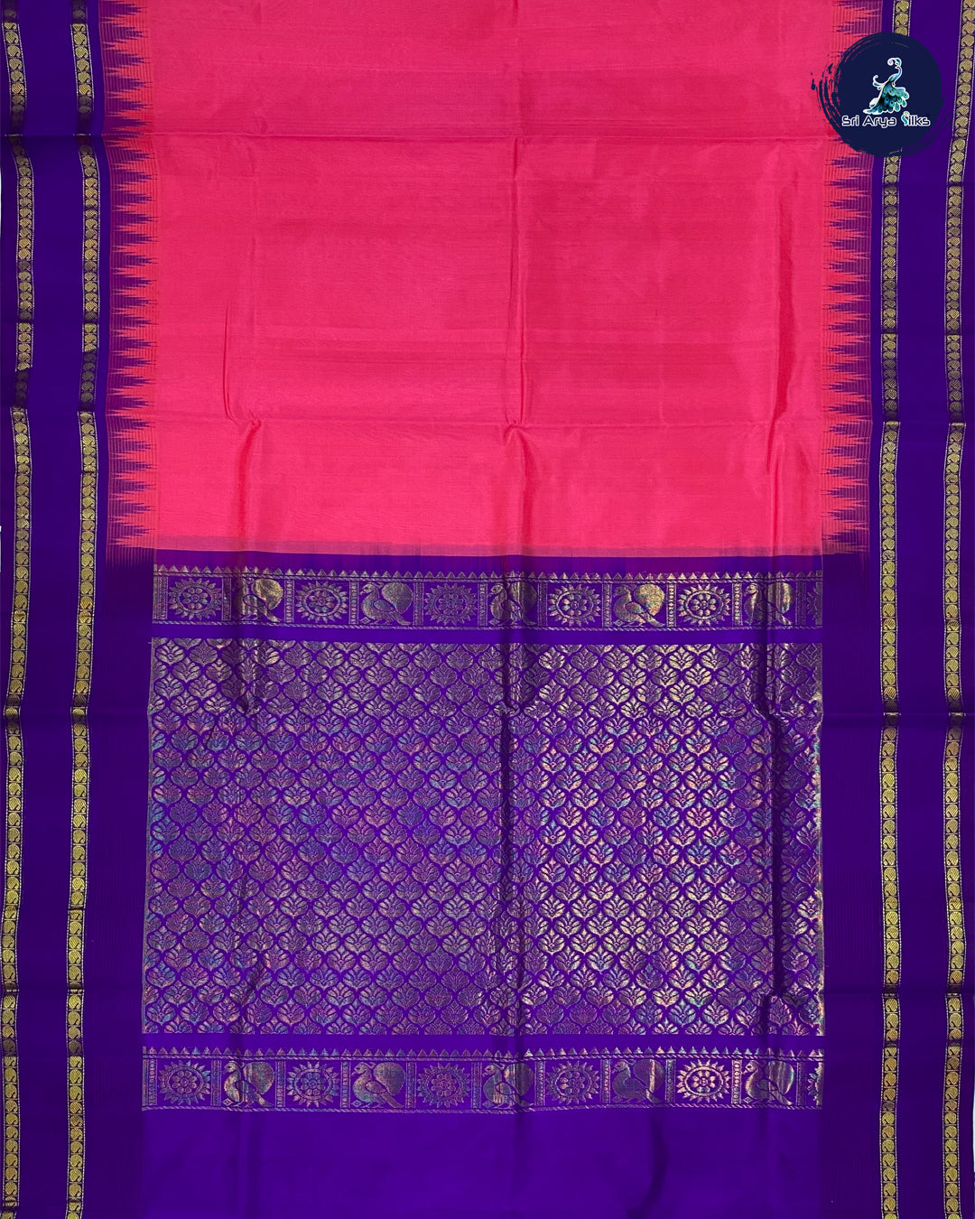 Bright Pink & Violet Kanchipuram Korvai Silk Cotton Saree.
