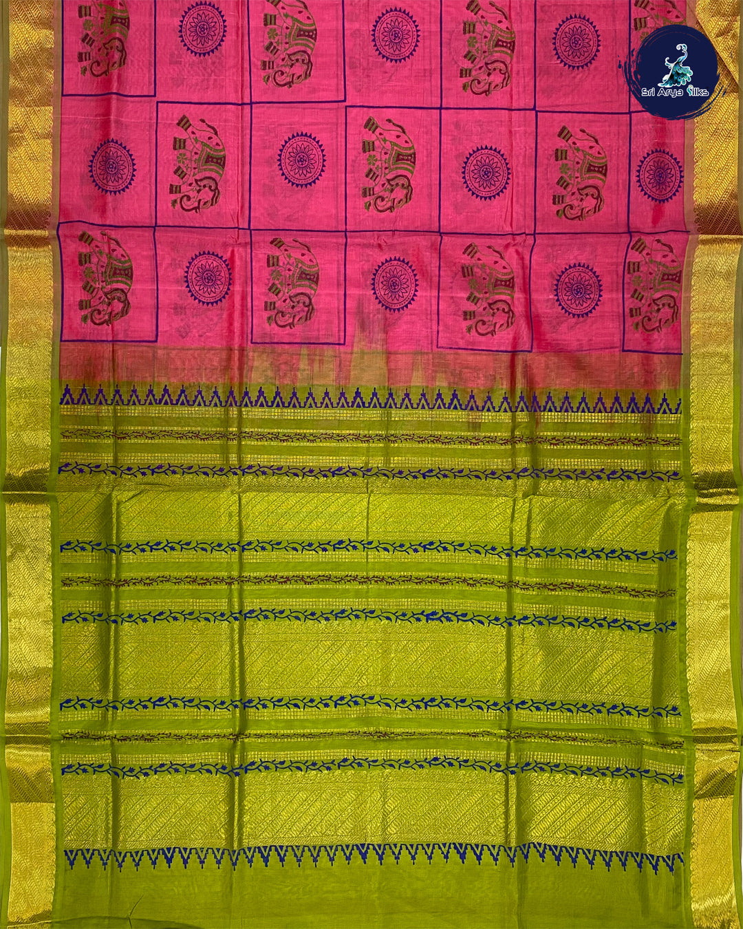 Pink and Green Handloom silk cotton saree