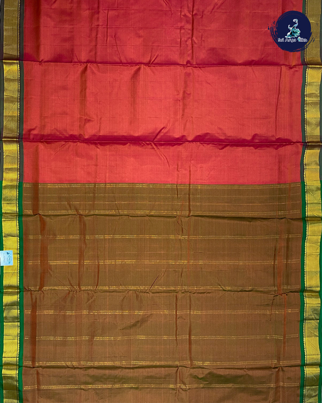 Orangish Pink & Green Pure Kanjivaram 10yards Silk Madisar Saree