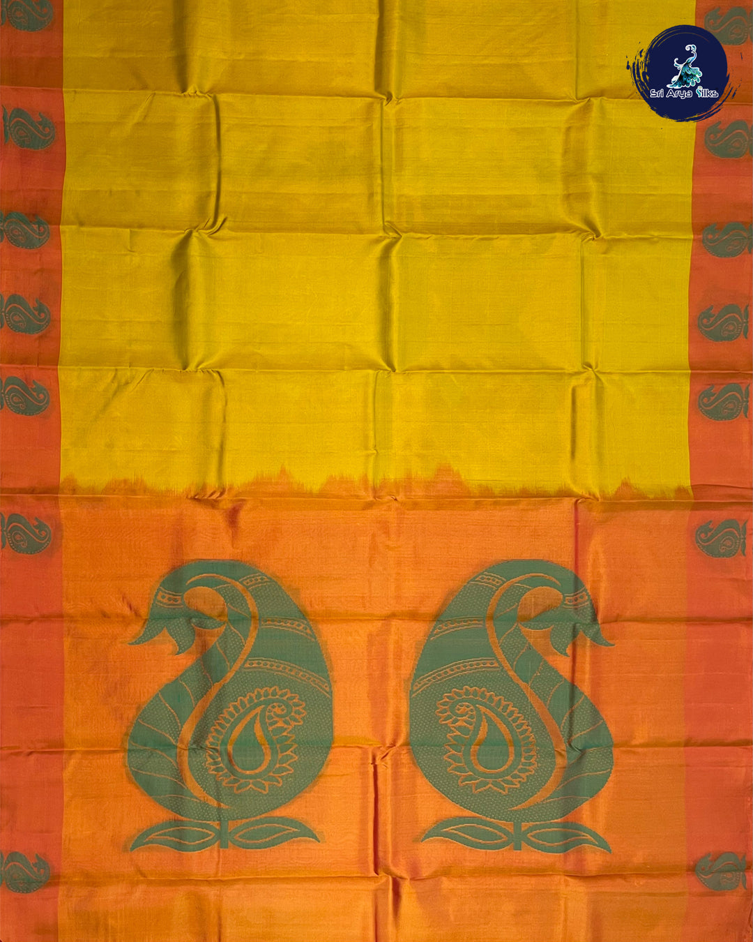 Mehandi Green and Orange Pure Kanchipuram Silk Saree
