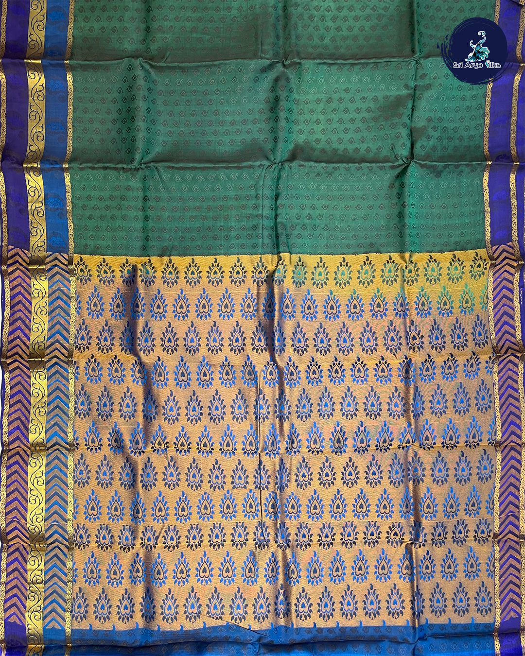 Bottle Green and Blue Kanchipuram Half Pure Silk Saree