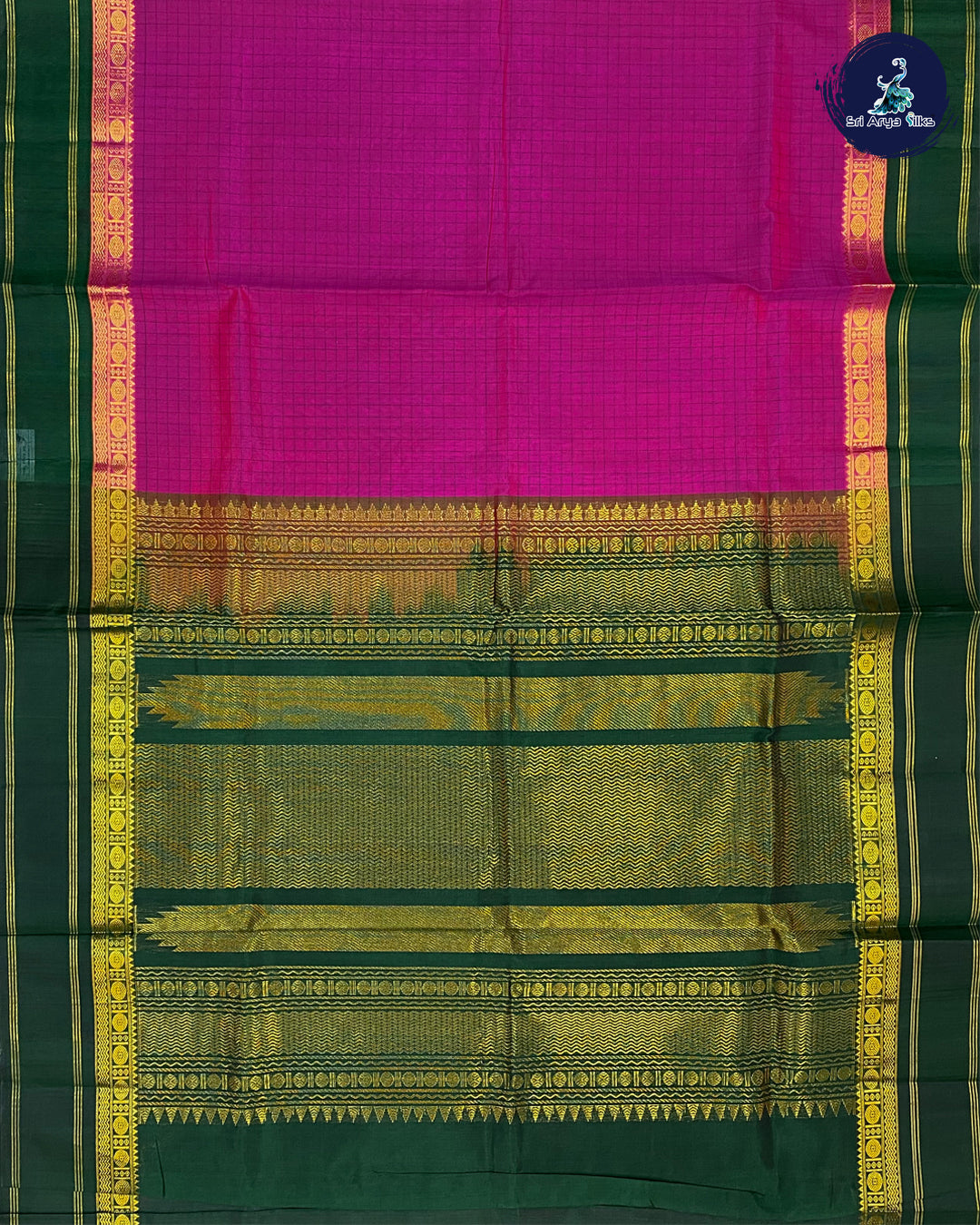 Magenta Pink Korvai Silk Cotton Saree With Bottle Green Blouse & Checked Pattern