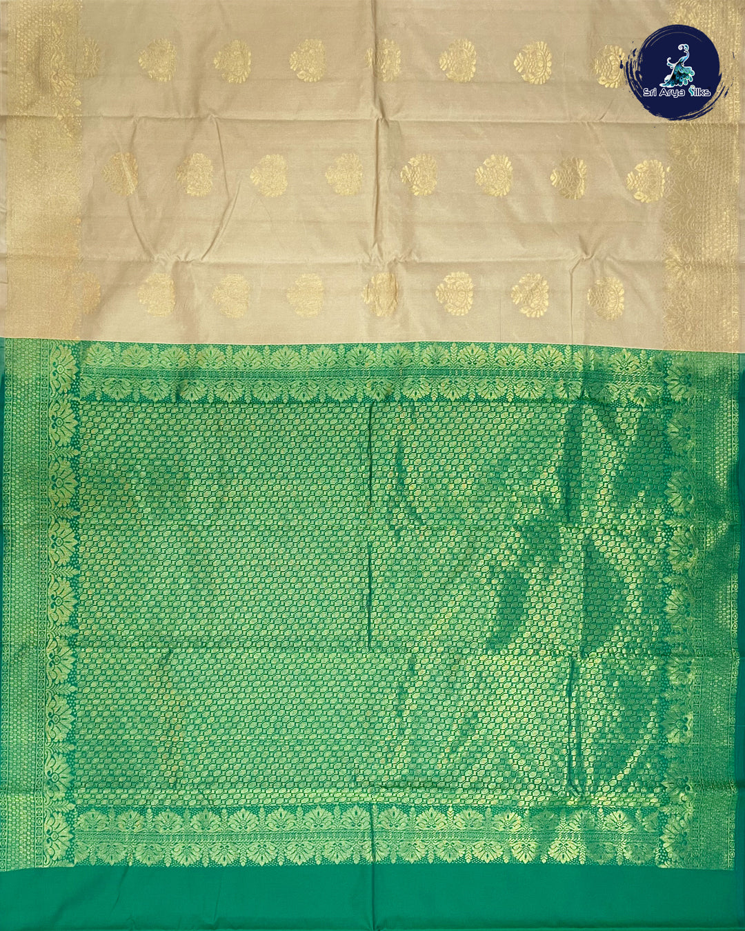 Cream and Green Kanchipuram Half Pure Silk Saree