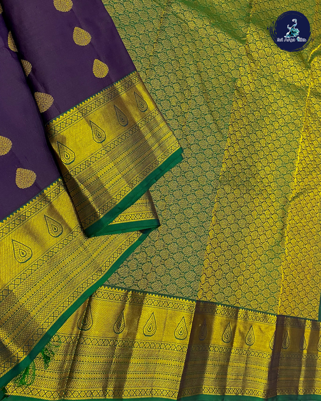 Dark Brinjal Traditional Silk Saree With Green Blouse & Buttas Pattern