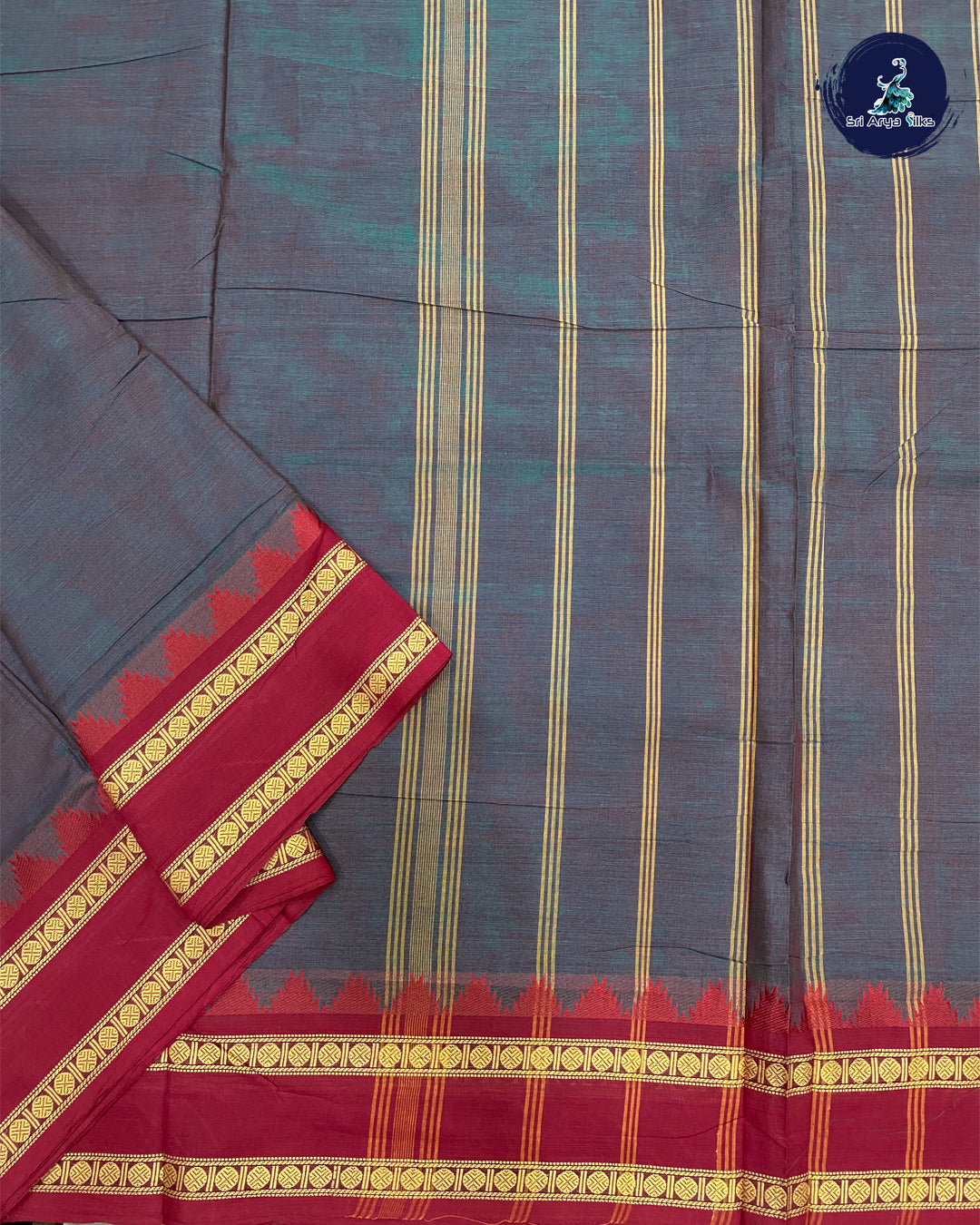 Blue and Red Madisar Cotton Saree (10 Yards) Without Blouse
