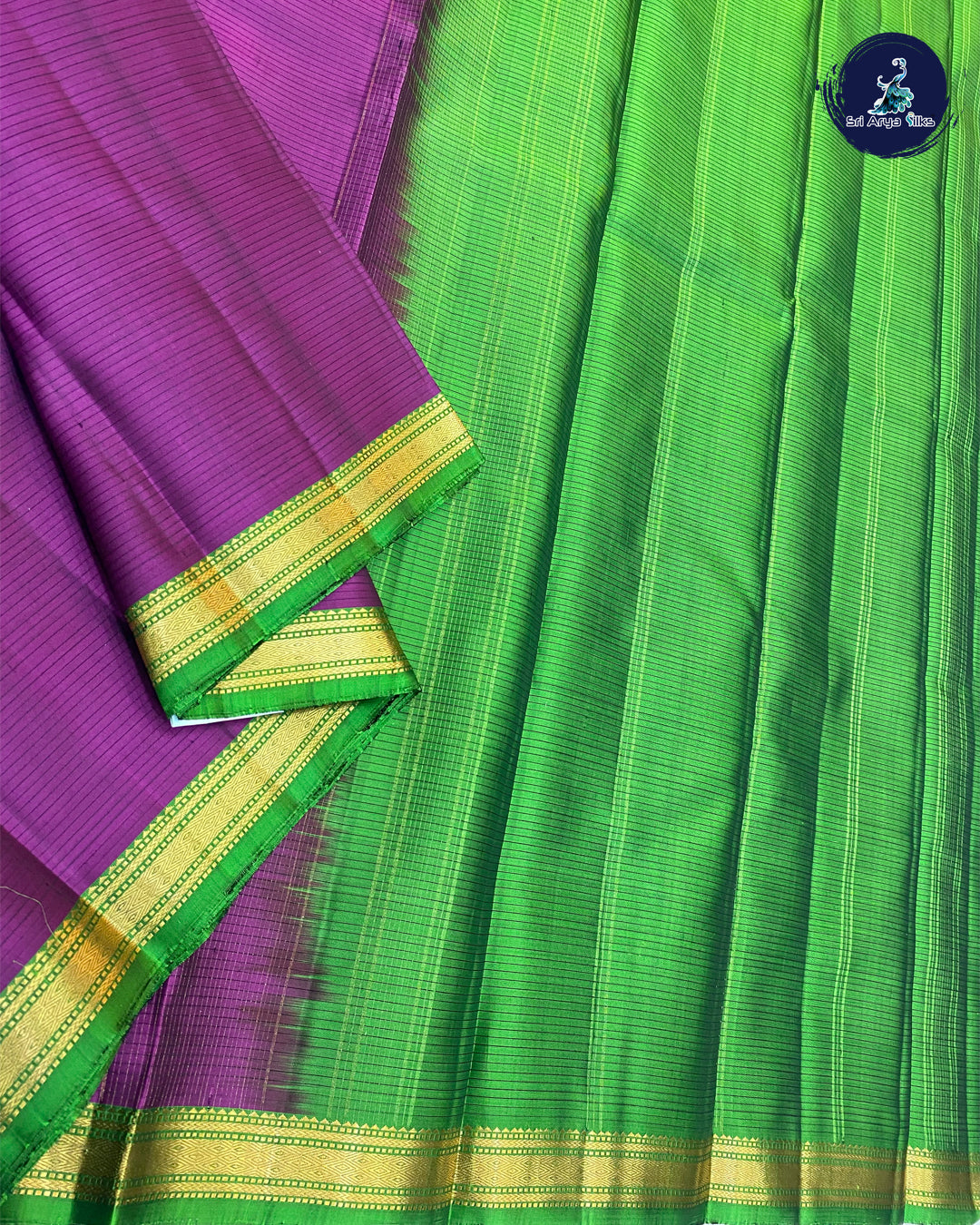 Dark Brinjal Korvai Contrast Silk Saree With Green Blouse & Buttas Pattern