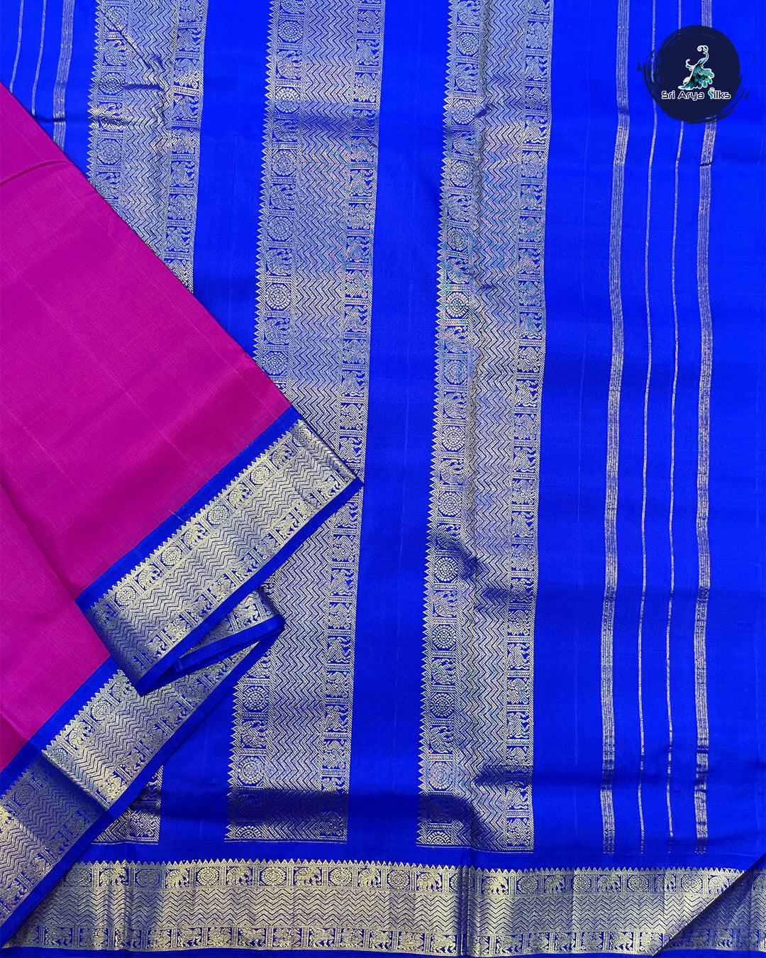 Pink and Blue 10 yard Madisar Pure Kanchipuram Silk Saree