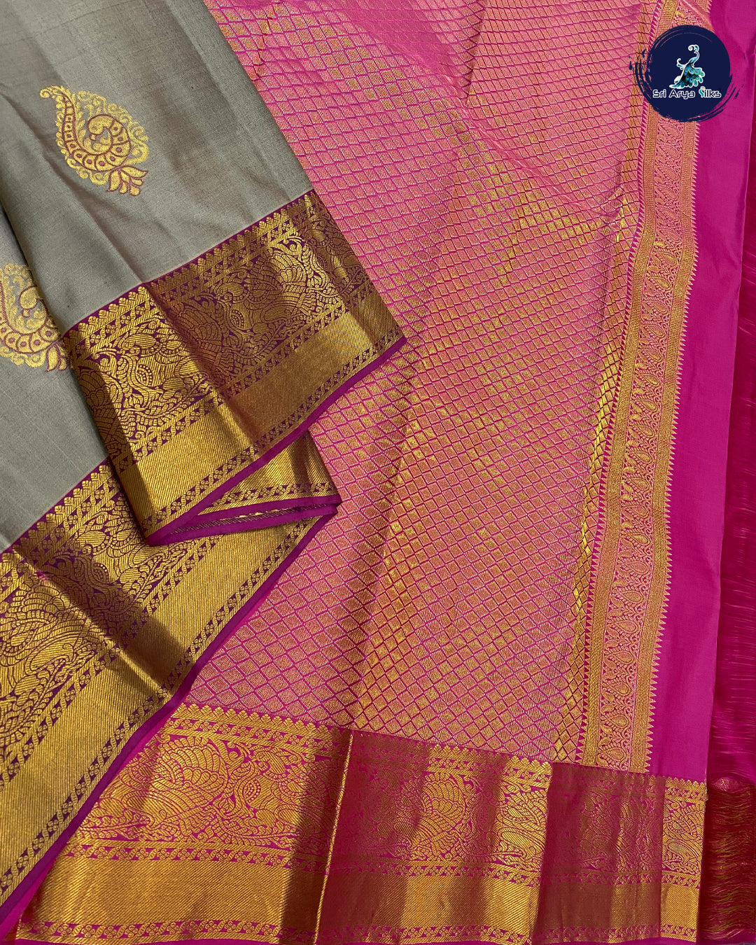Grey Traditional Silk Saree With Pink Blouse & Buttas Pattern
