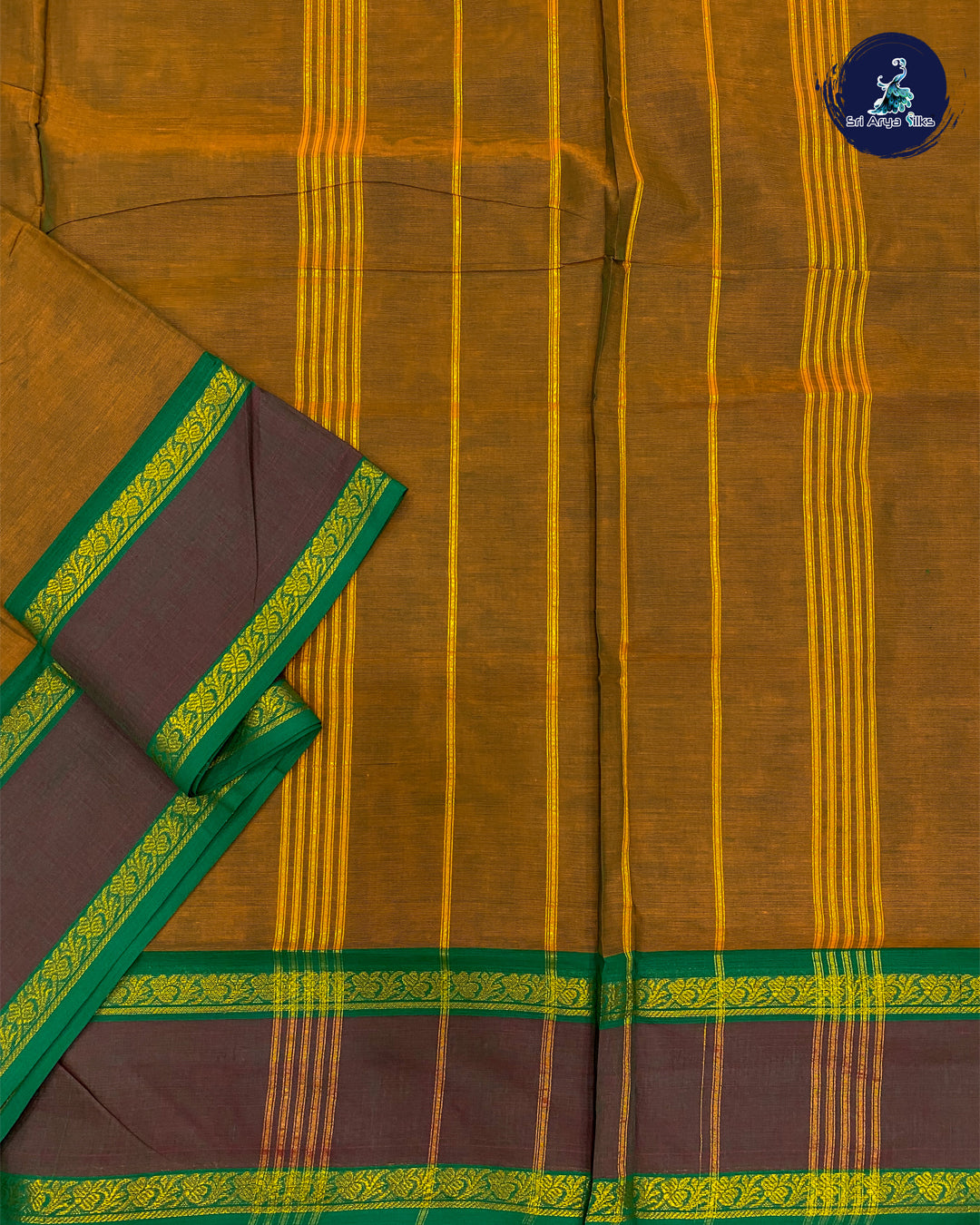 Fenugreek and Maroon Madisar Cotton Saree (10 Yards) Without Blouse