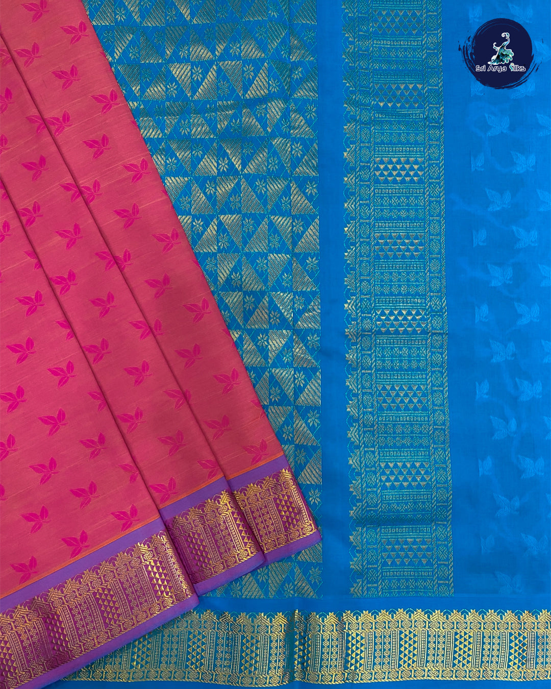 Pink and Blue Embosed Madisar Kanchivaram Semi Silk Cotton Saree