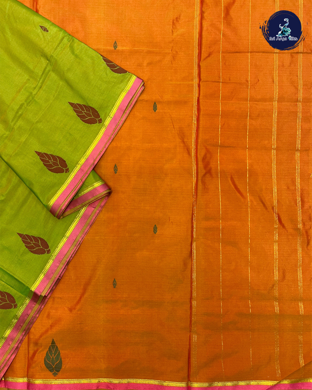 Light Green and Orange  Dual Shade 10 Yards Half Pure Kanchipuram Silk Saree
