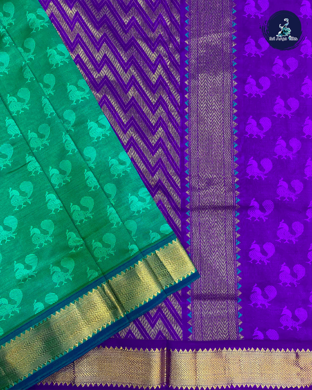 Dark Green & Blue Embosed Madisar Kanchivaram Semi Silk Cotton Saree