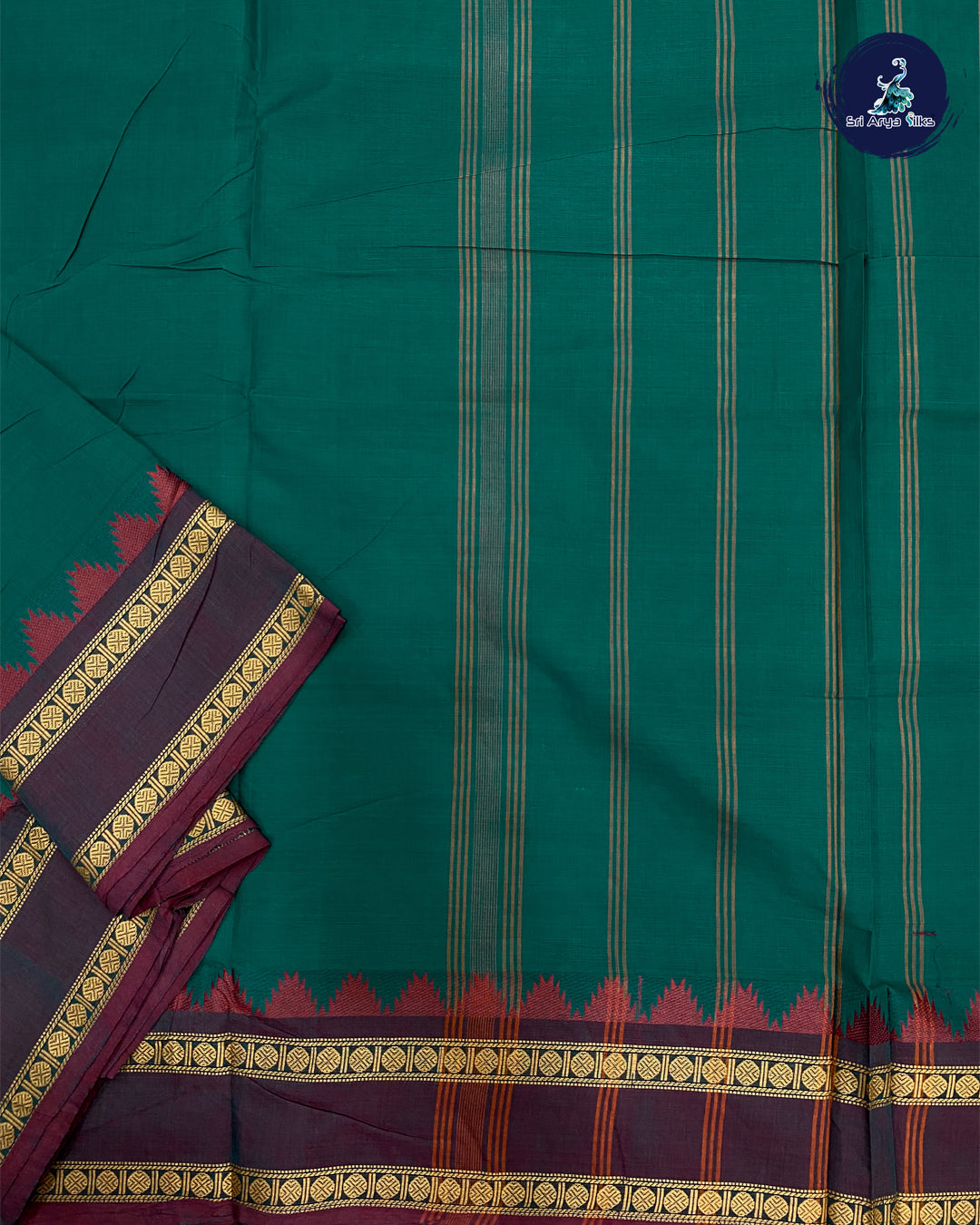 Peacock Blue and Maroon Madisar Cotton Saree (10 Yards) Without Blouse