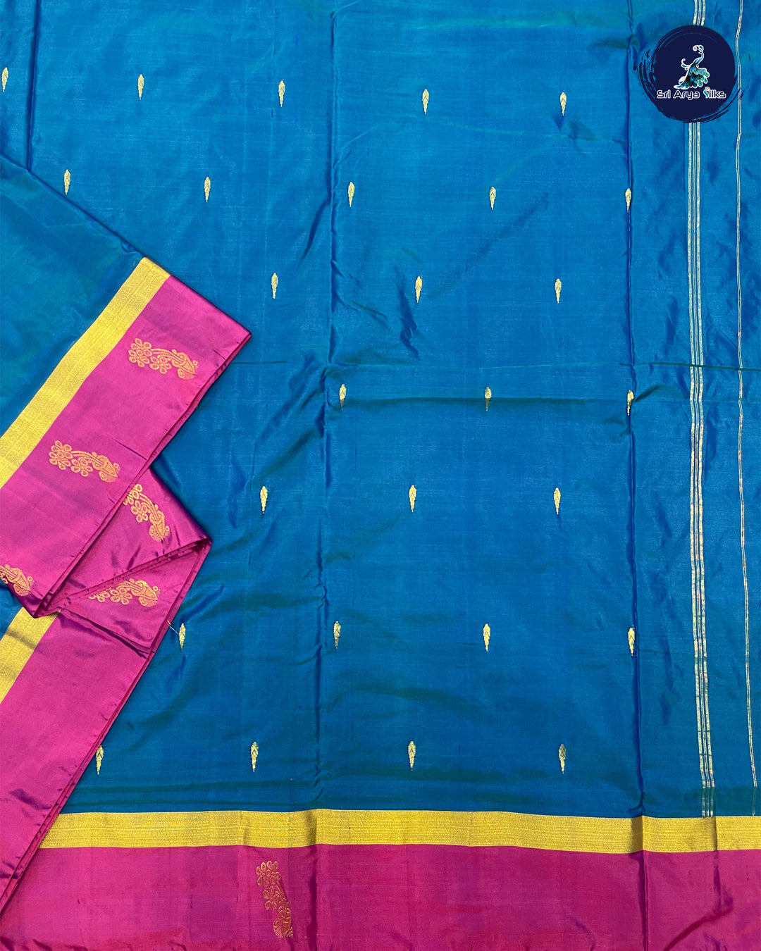 Peacock Blue and Pink Dual Shade 10 Yards Half Pure Kanchipuram Silk Saree