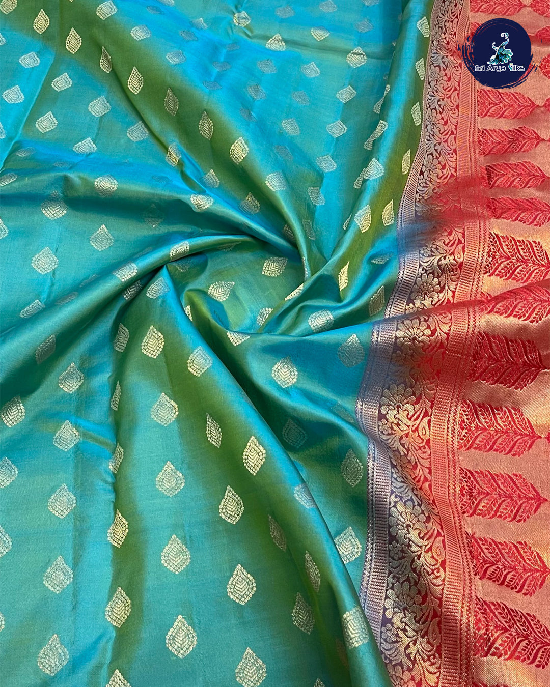 Turquoise Traditional Silk Saree With Red Blouse & Buttas Pattern