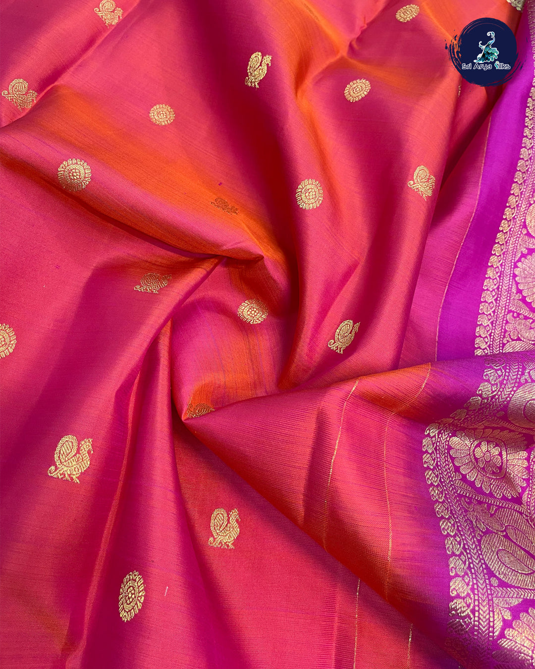 Dual Shade Orange and Pink Pure Kanchipuram Silk Saree