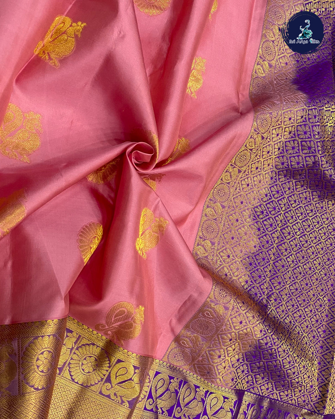 Lotus Pink Traditional Silk Saree With Violet Blouse & Buttas Pattern