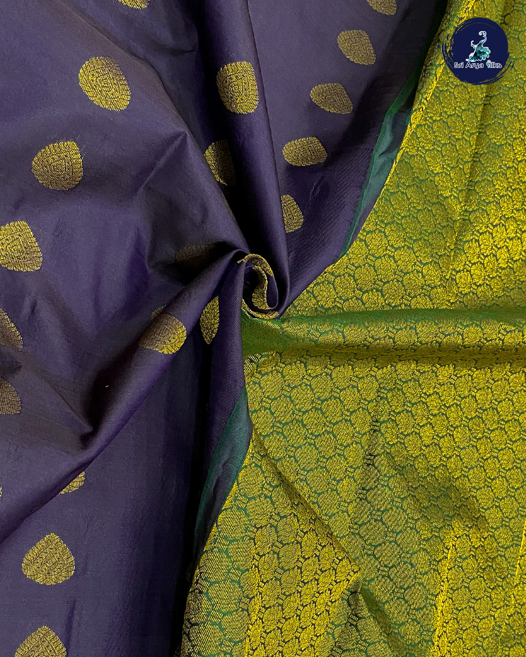 Dark Brinjal Traditional Silk Saree With Green Blouse & Buttas Pattern