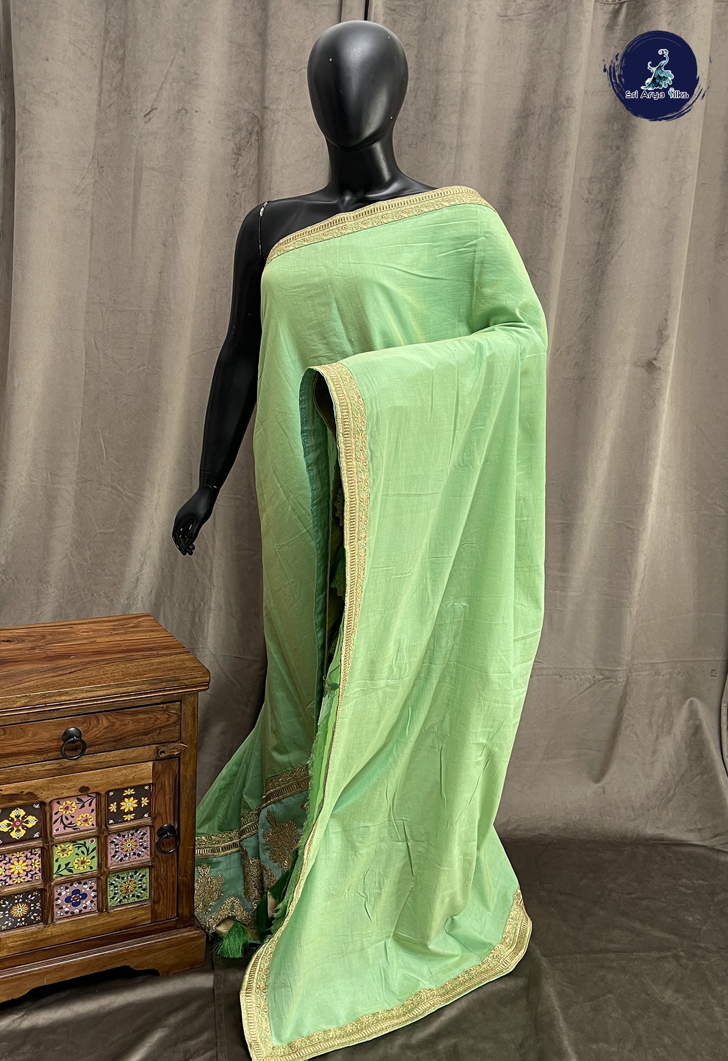 Pista Green Chanderi Silk Cotton Saree With Plain Pattern