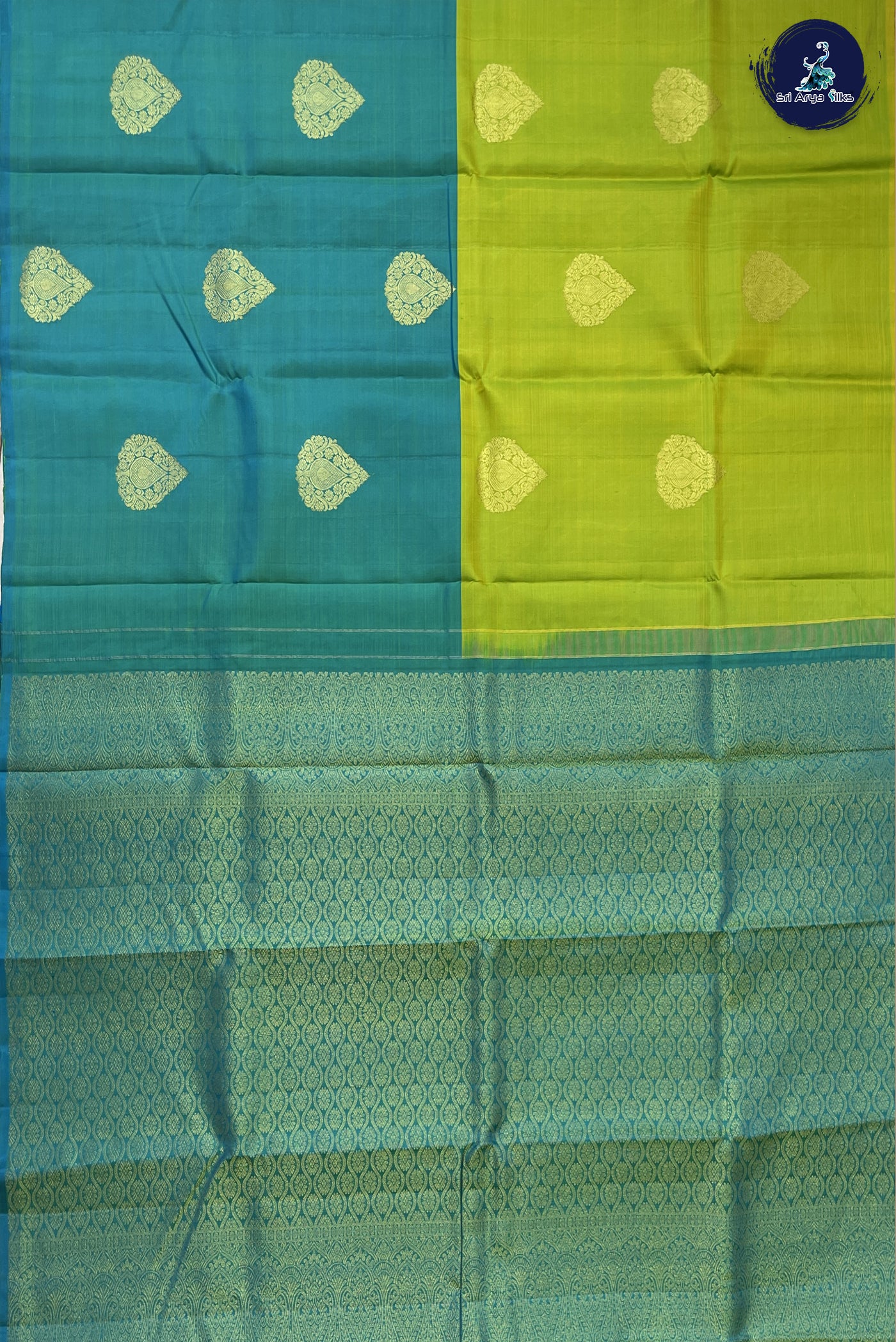 Bluish Green Half and Half Checked Silk Saree With Zari Buttas Pattern