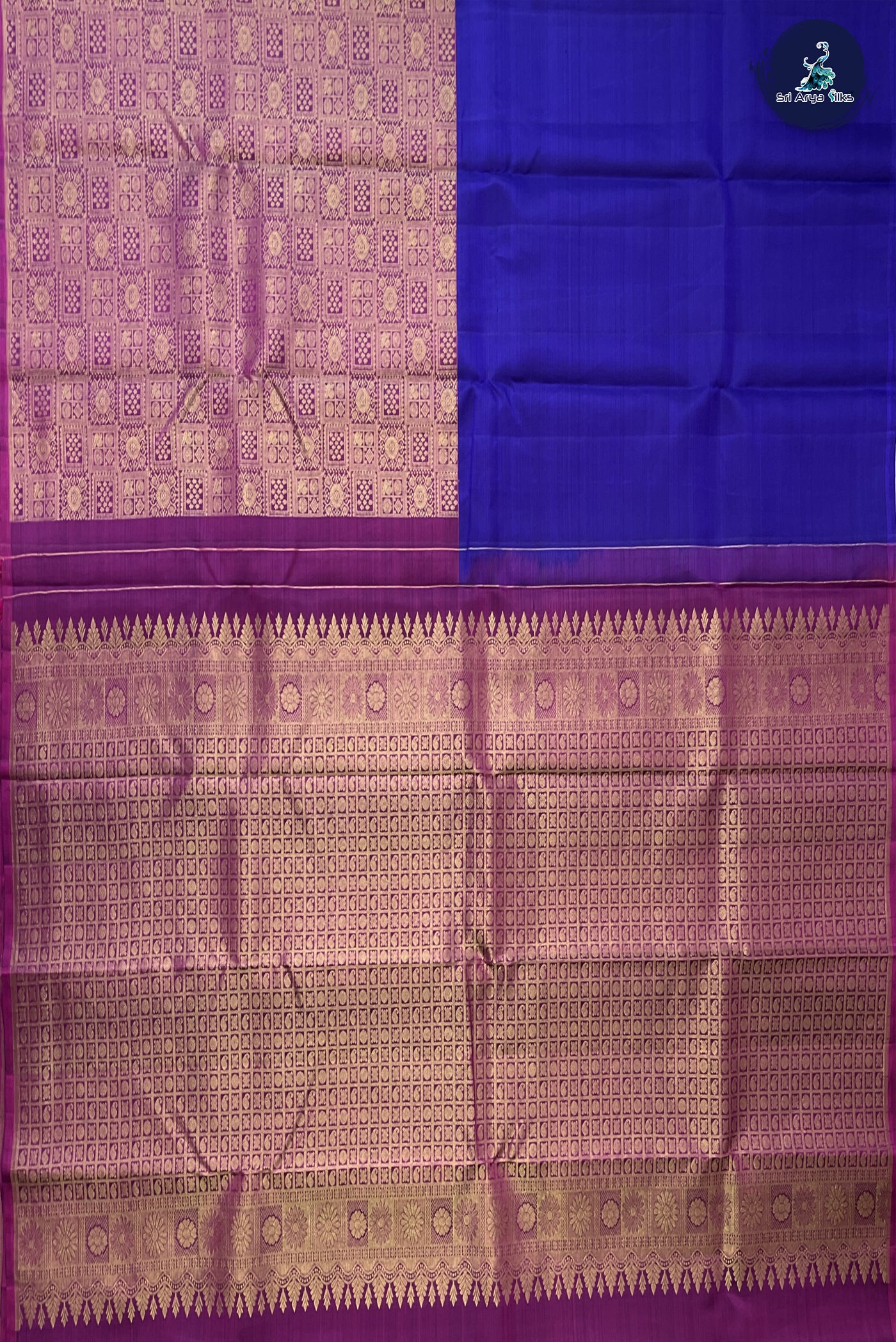 Blue Half and Half Checked Silk Saree With Plain Pattern