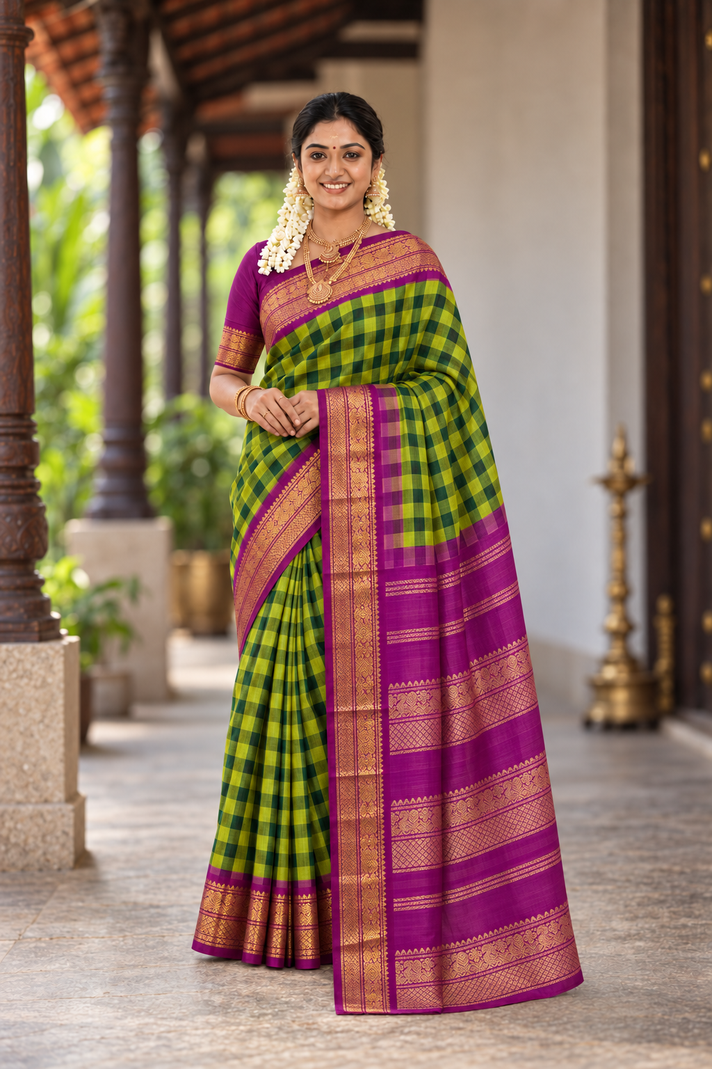 Multi Colour Korvai  Silk Cotton Saree With Checked Pattern