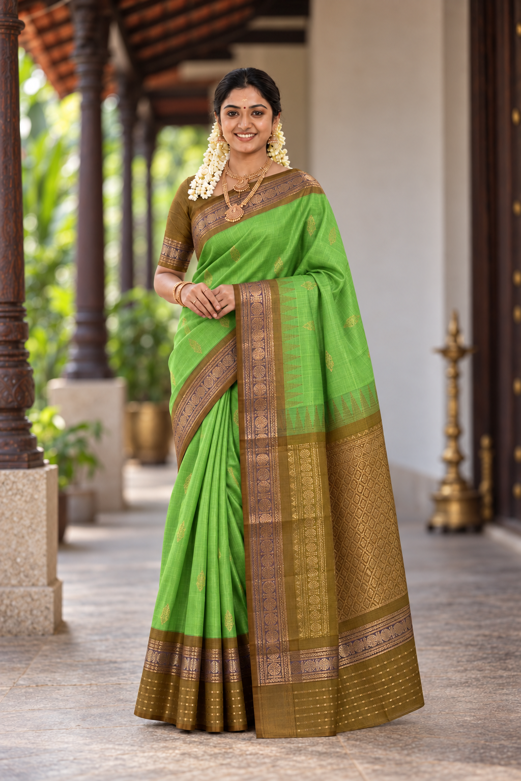 Light Green Korvai Silk Cotton Saree With  Zari Buttas Pattern