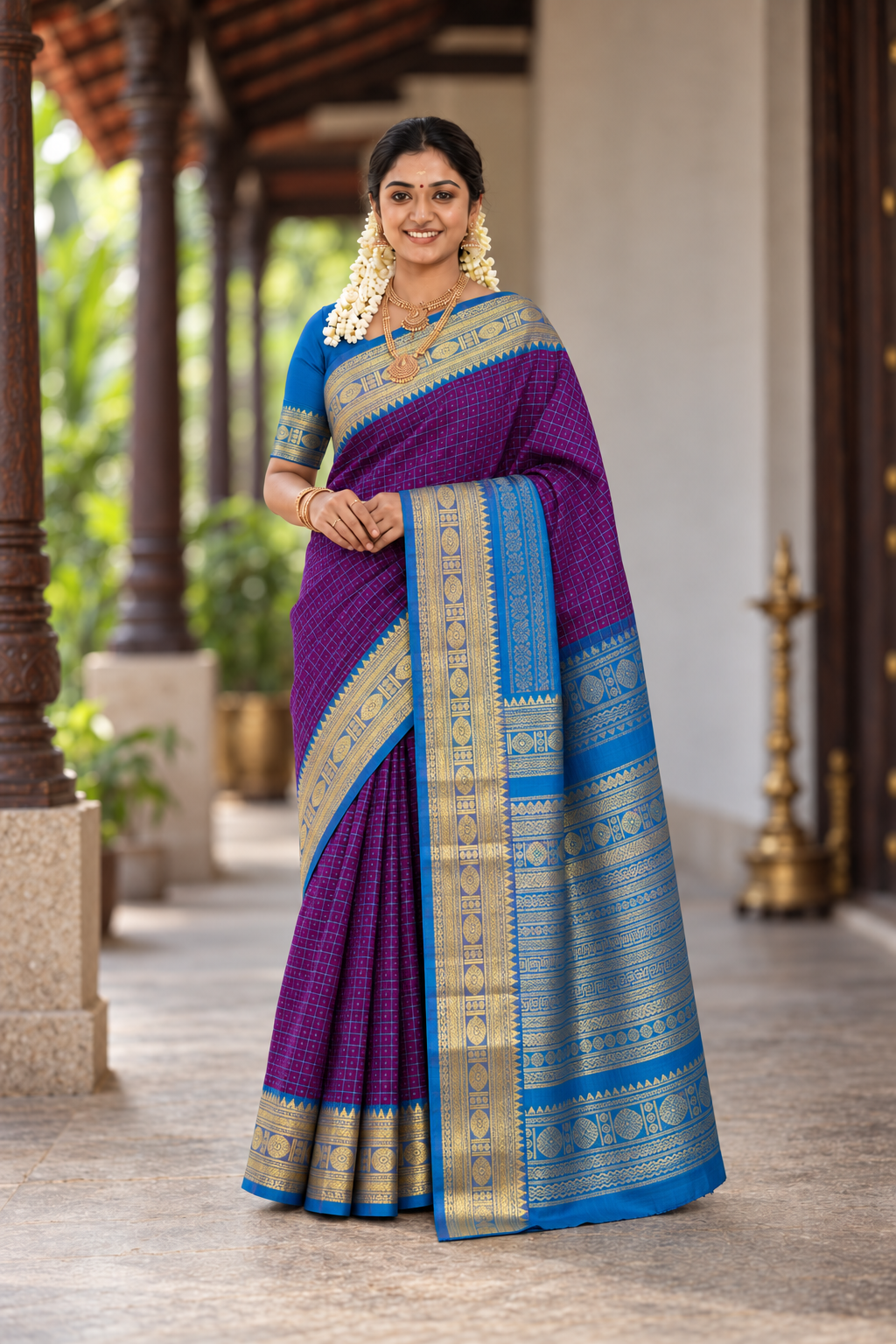 Dual Tone Purple Bridal Silk Cotton Saree With Laksha Deepam Design Pattern
