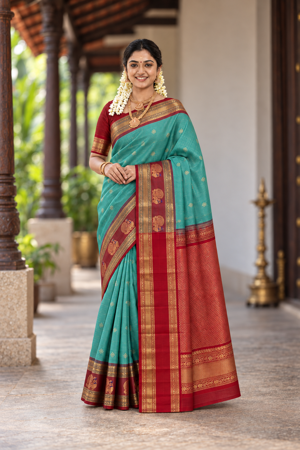 Turquoise Bridal Silk Cotton Saree With Zari Checked Pattern
