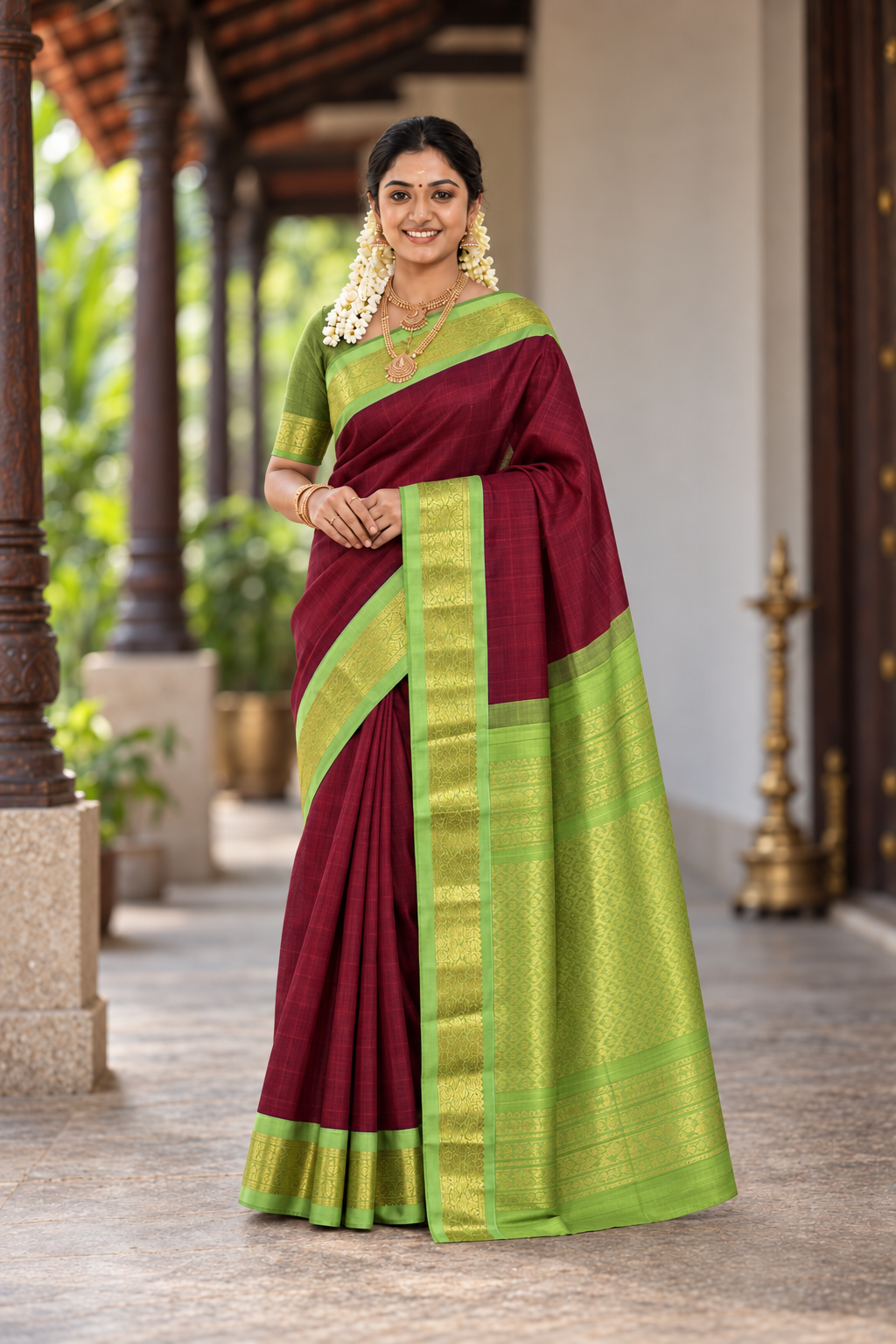 Dual Tone Maroon Korvai Silk Cotton Saree With Plain Pattern