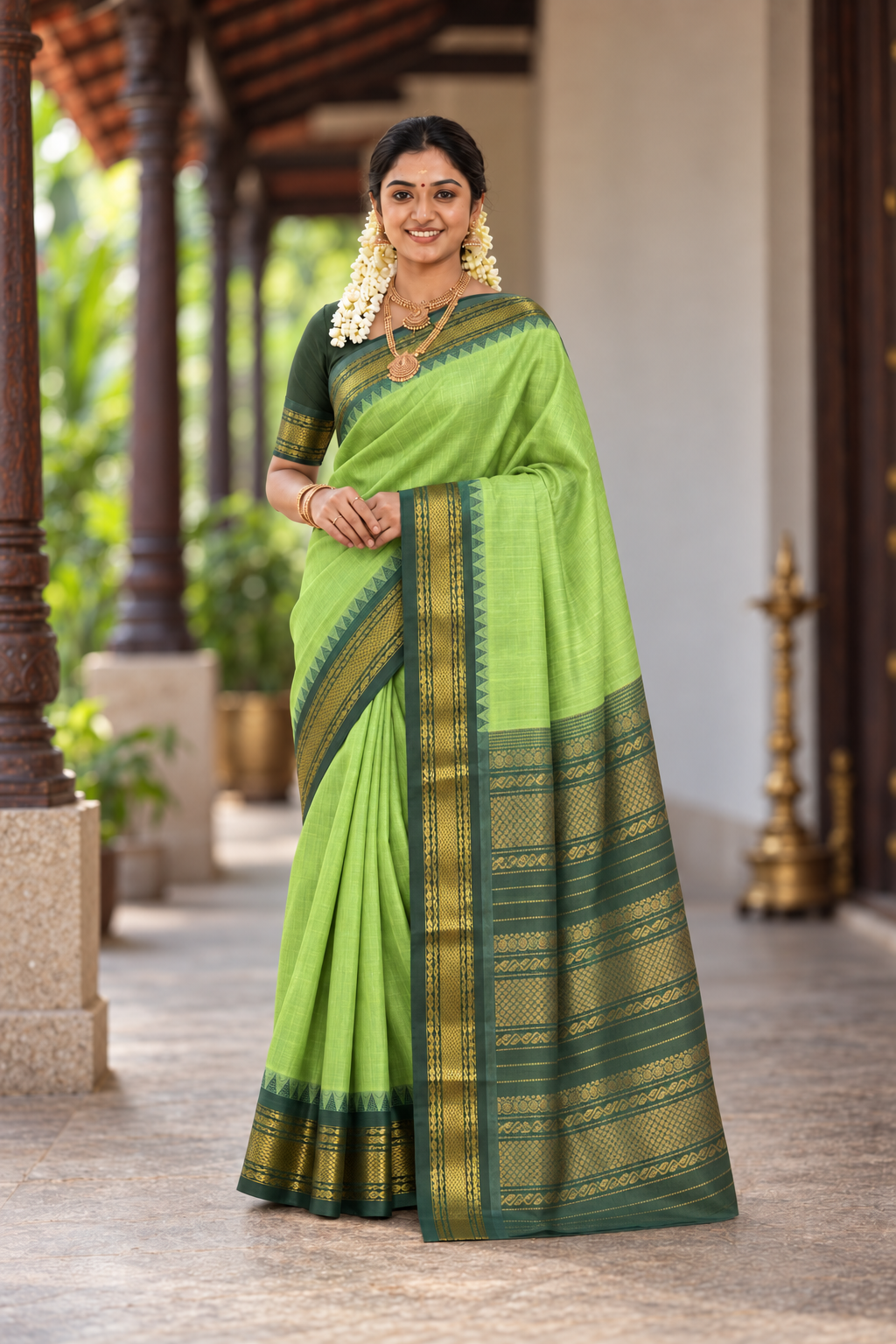 Pastel Green Korvai Silk Cotton Saree With Plain Pattern